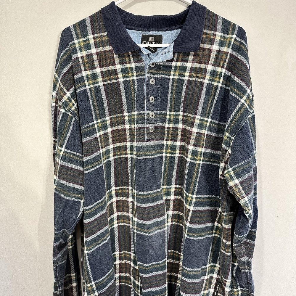 Vintage Structure Plaid Long Sleeve Polo Shirt